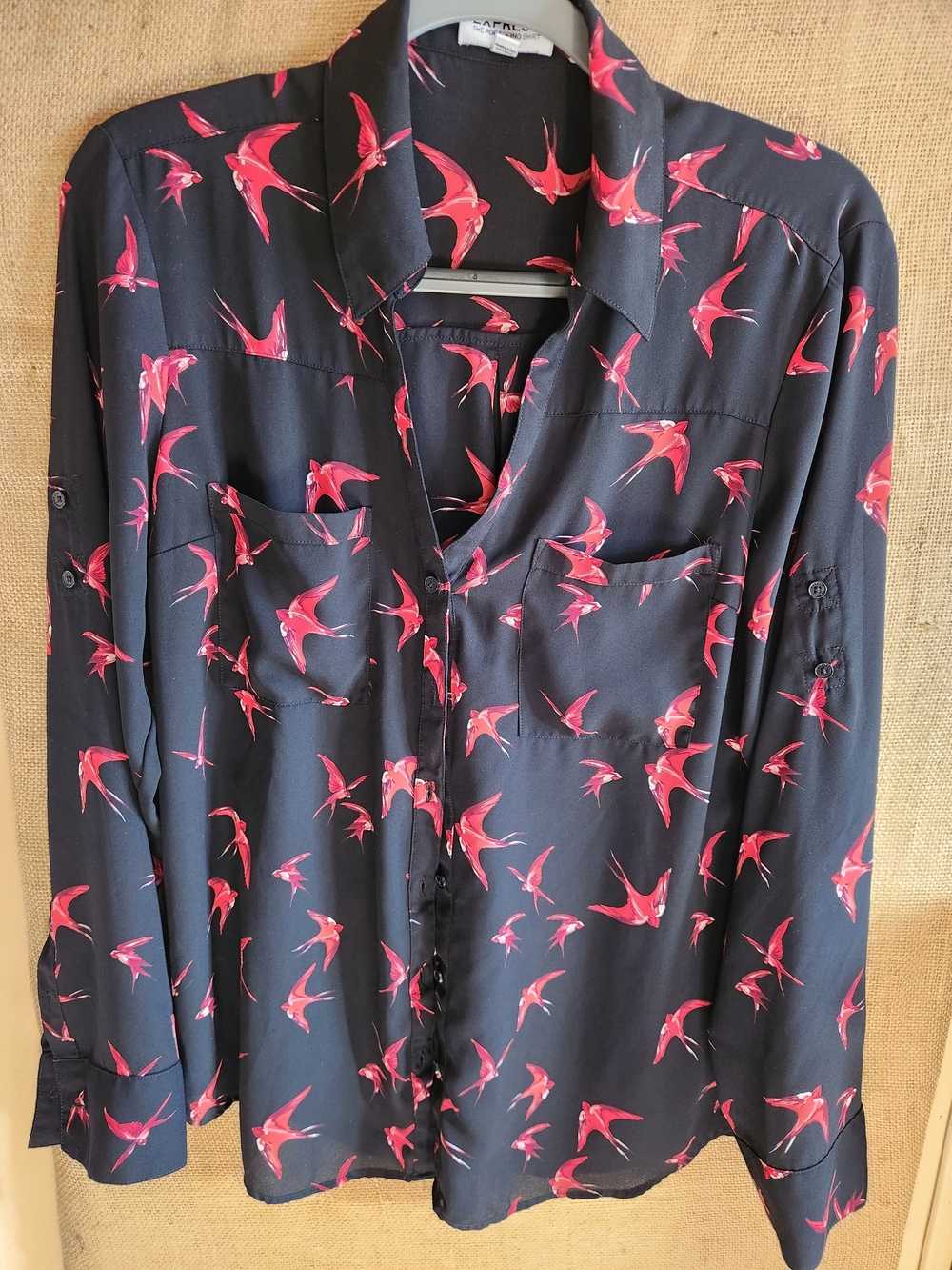 Express Black Blouse with Red  Swallow BIRD Print